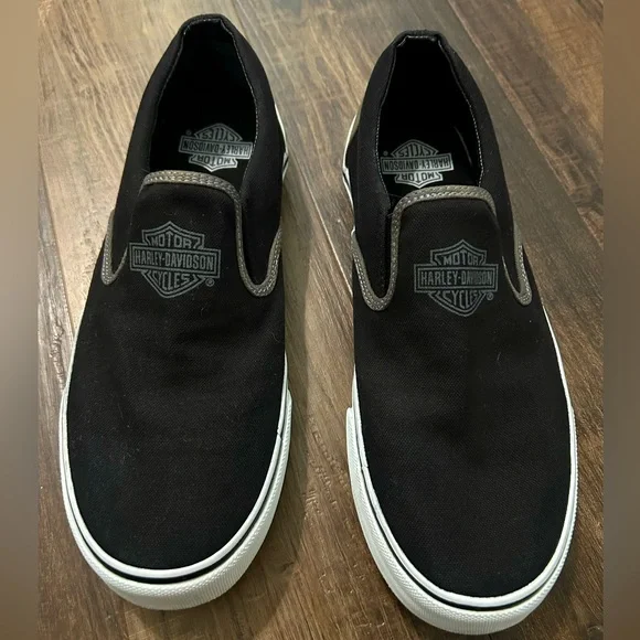 Harley-Davidson Men's Size 8 Canvas Black and White Loafers Unisex W9.5 D93320 - Picture 2 of 7